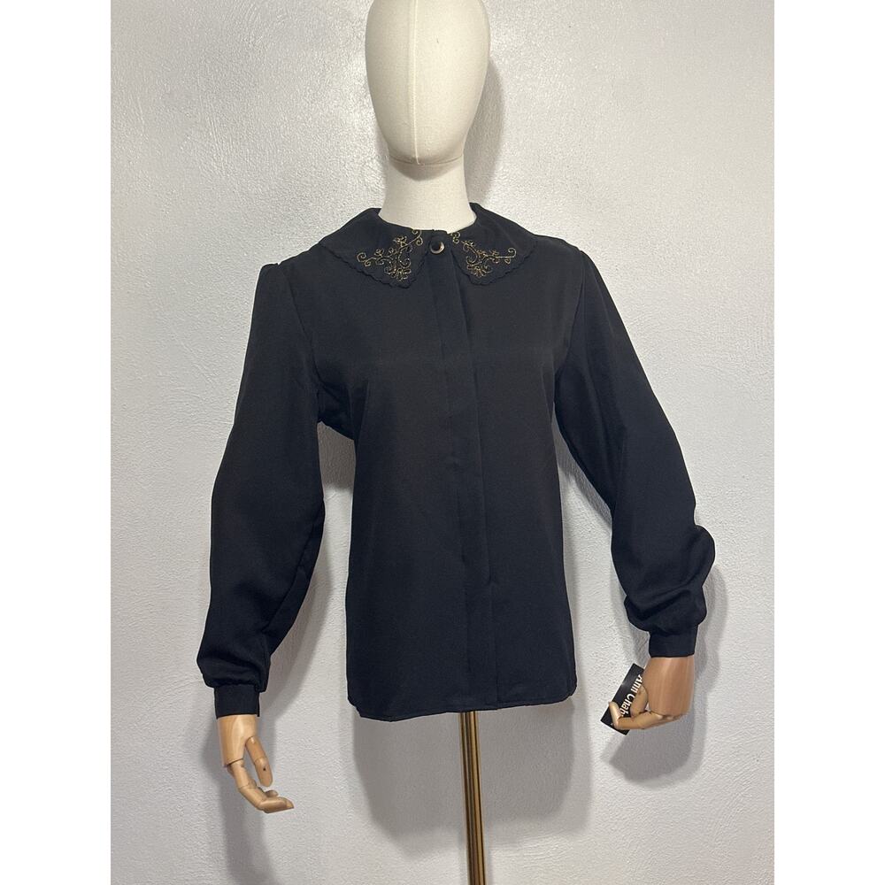 VTG Deadstock Ann Chabrol Black Peter Pan Collar Gold Floral L Wednesday Adams